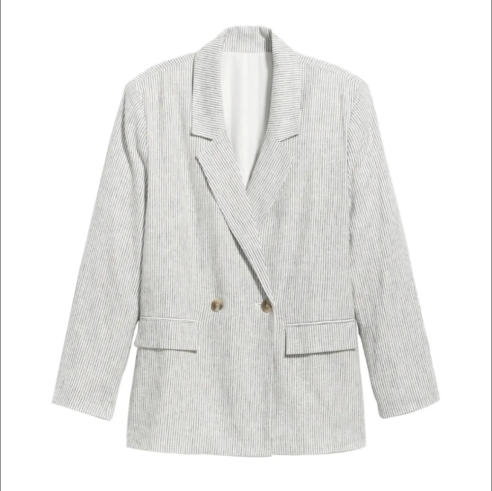 Linen Blend Pinstripe Double Breasted Blazer - Picture 2 of 8